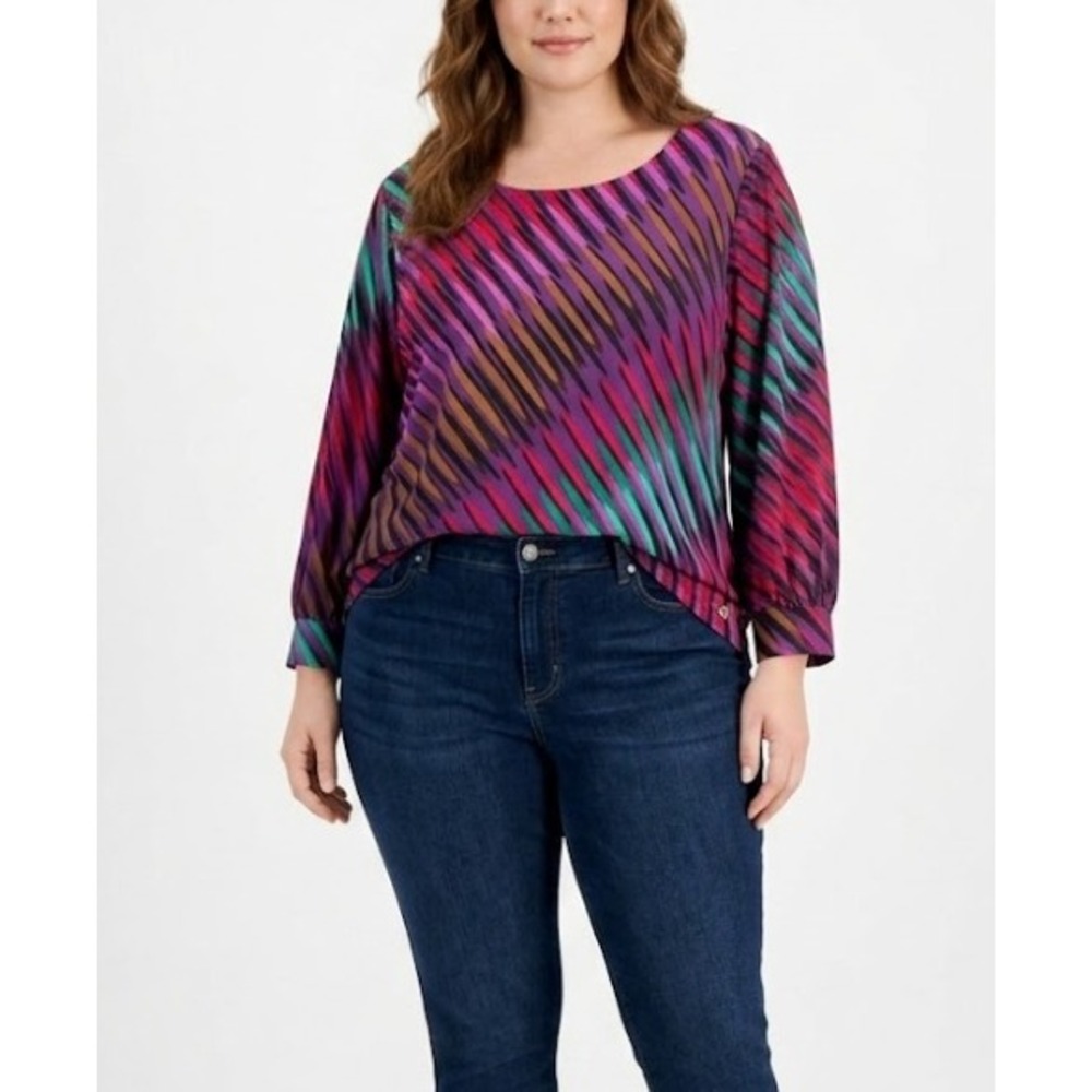 Calvin Klein Blouse size XL Colorful Artsy Abstract 3/4 Sleeve Crew Neck Stretch